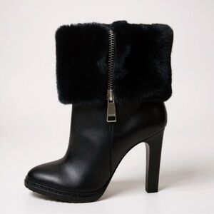 🆕DKNY “SONYA” Black Fur-Trimmed High Heel Ankle Boots. NWT